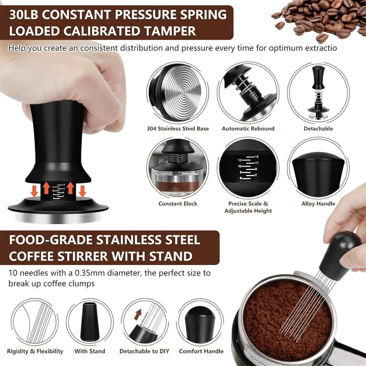 

A20M 10 PCS Espresso Accessories Coffee Espresso Tamper Set with Espresso Tamper WDT Tool Coffee Stirrer Frothing Pitche 51mm