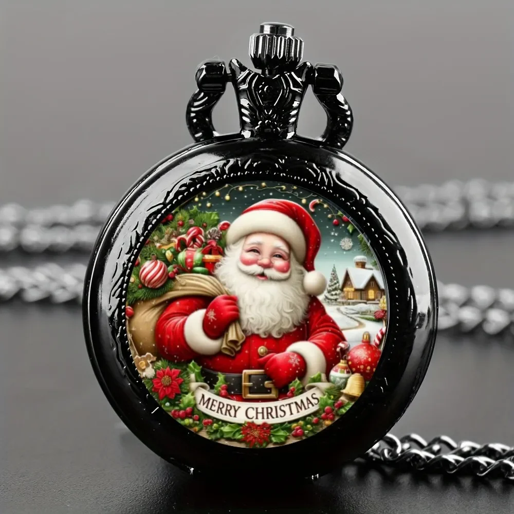 Exquisite Black Round Santa Claus Design Quartz Pocket Watch, Alloy Case & Strap, Perfect Christmas Gift for Kids Men