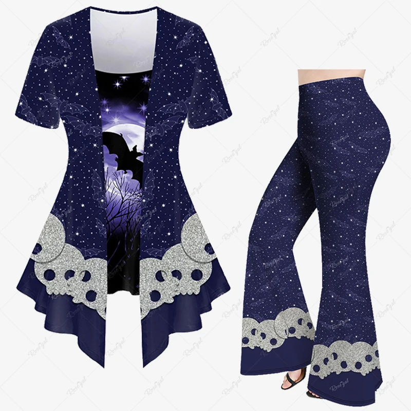 2023 Nieuwe Plus Size Halloween Galaxy Schattige Schedelvleermuis Ster Glitter Bedrukt 2 In 1 T-Shirt Of Flare Broek Dagelijks Casual Bijpassende Set