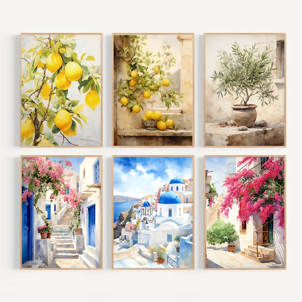 Póster de paisaje de olivo y limón italiano, Grecia mediterránea Retro, pintura en lienzo, imágenes artísticas de pared, decoración Interior del hogar