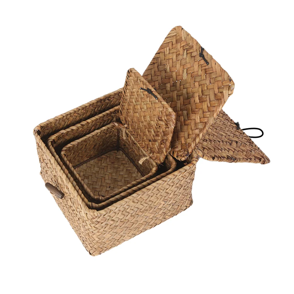 

3Pcs Straw Woven Storage Basket Handmade Vintage Fruit Vegetable Sundries Organizer Desktop Holder Storage Basket