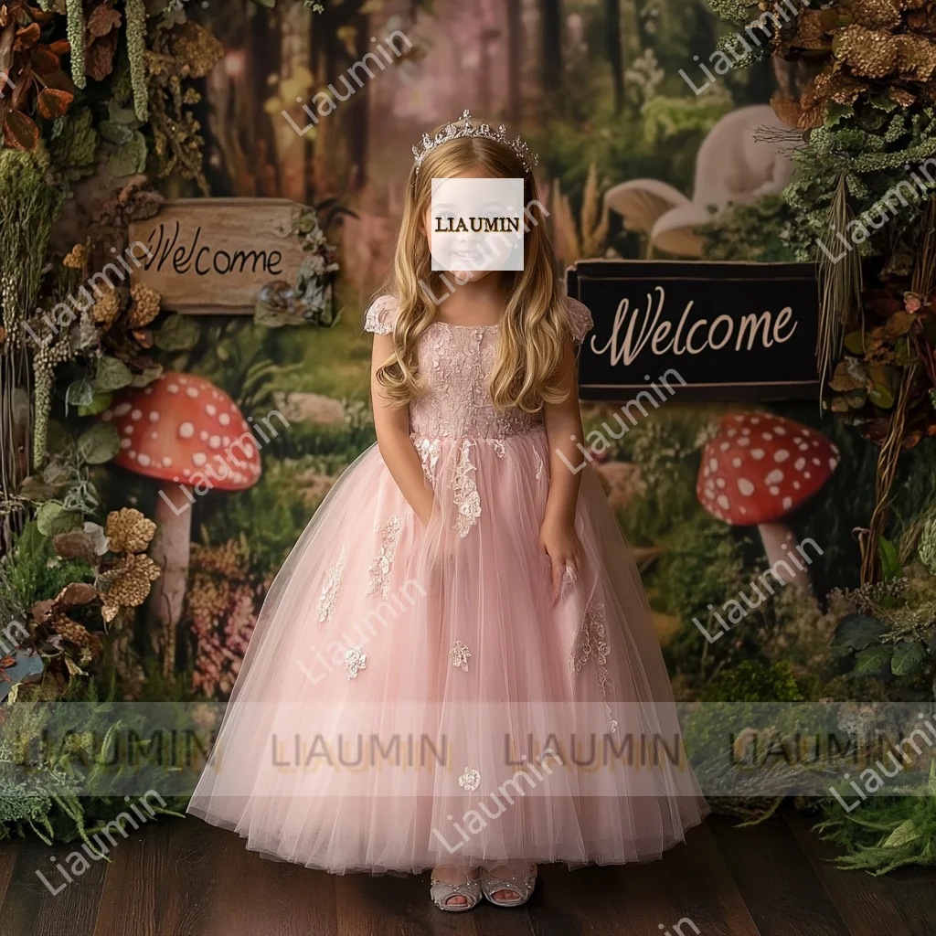 결혼식을위한 핑크 꽃의 소녀 드레스 Tulle 공주 레이스 짧은 소매 거룩한 첫 성찬식 가운 미인 대회 의류 맞춤형 G3