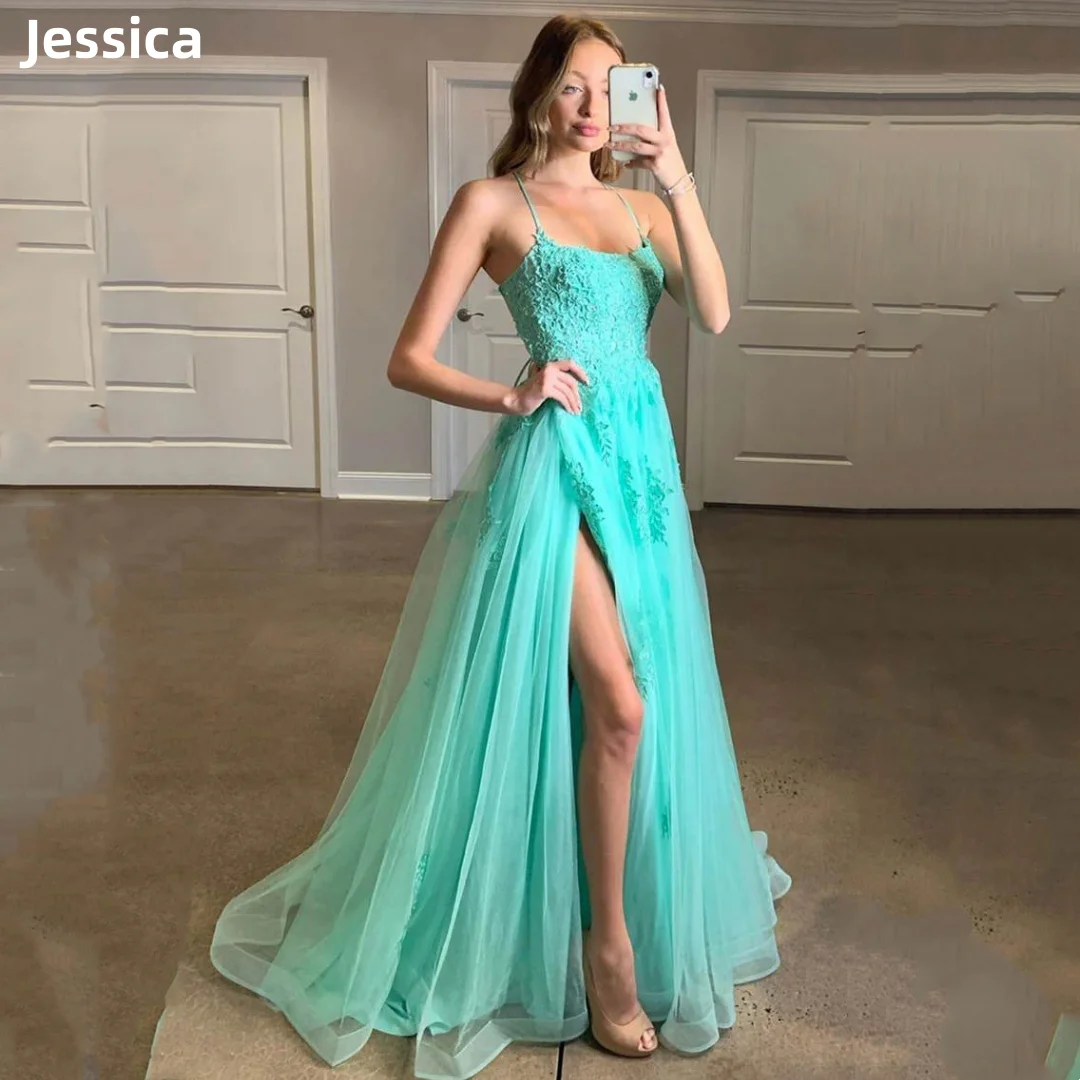 

Jessica Green Embroidery Prom Dresses Sexy Tulle Backless Evening Dresses Wedding Formal Occasions Party Dress فساتين سهرة