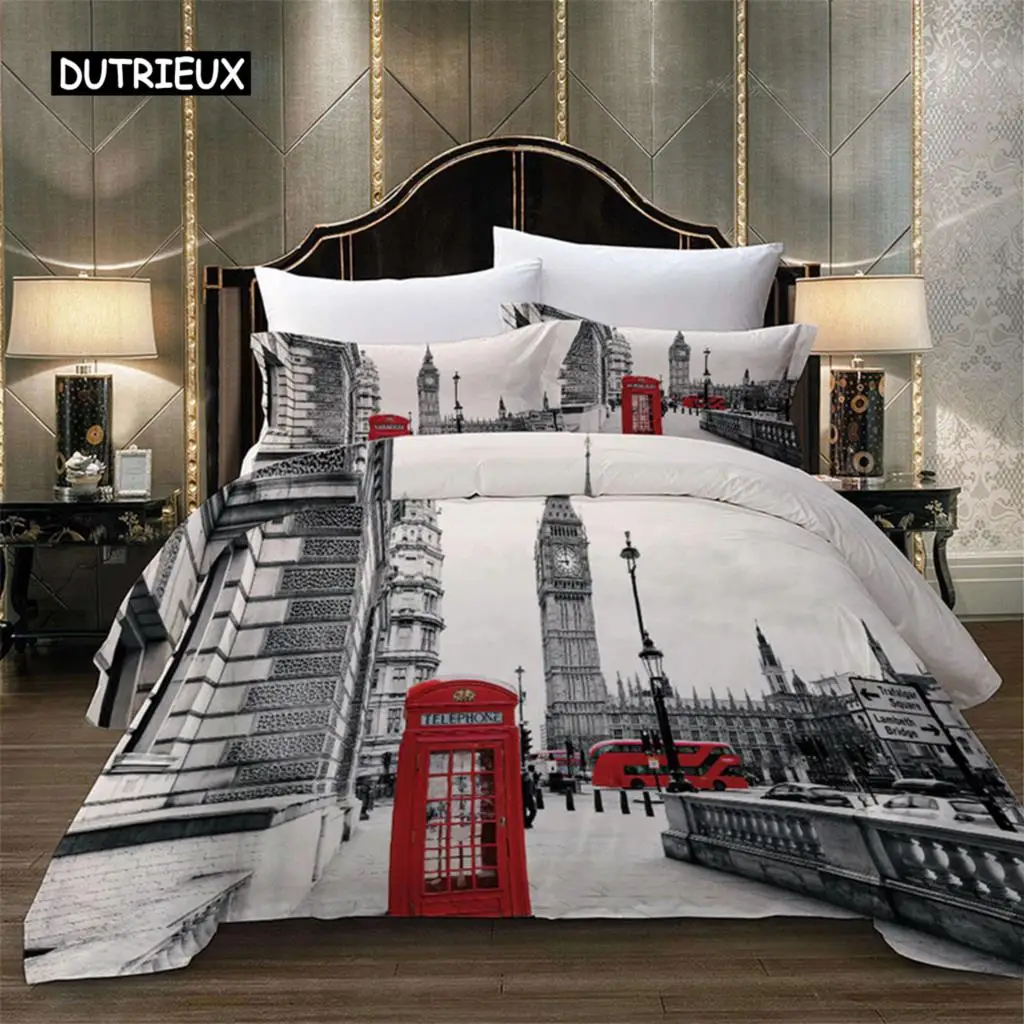 Paris Tower London City Scenery Big Ben Red Telephone Booth Bus Print Bedding Set Quilt Duvet Cover+Pillow Case US AU EU Size