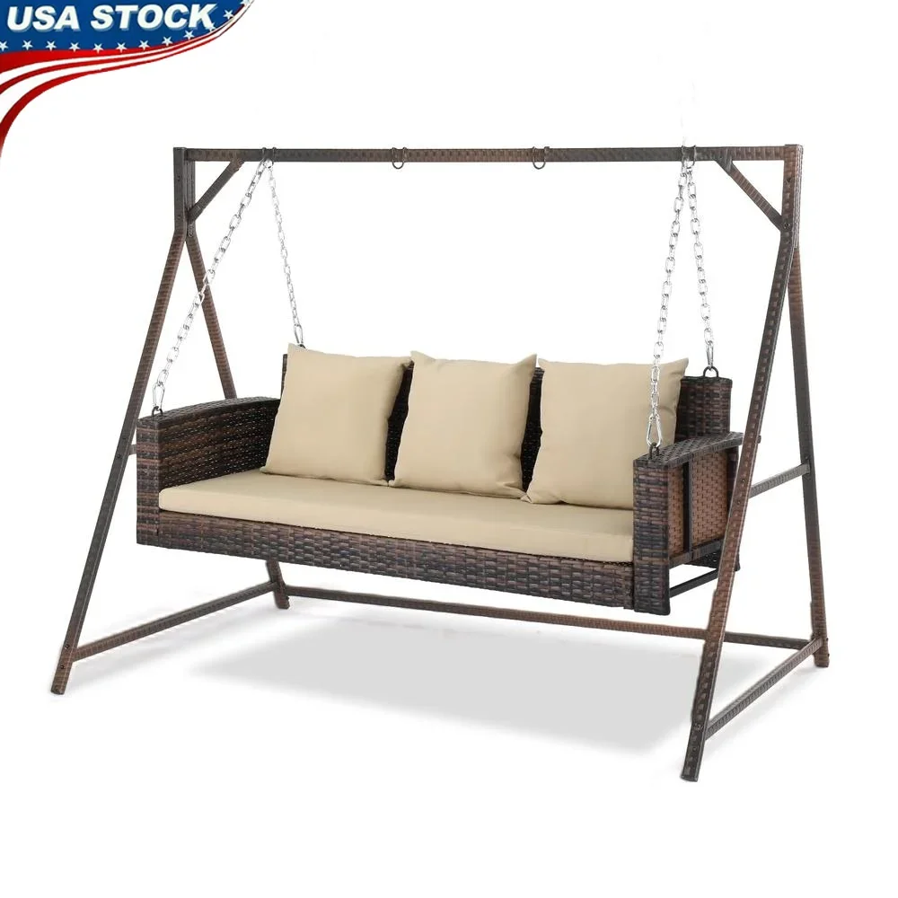 

Outdoor Wicker Porch Swing with Stand 800 LBS Heavy Duty Rattan Hanging Swing Set 3 Person with Cushions Yard Garden