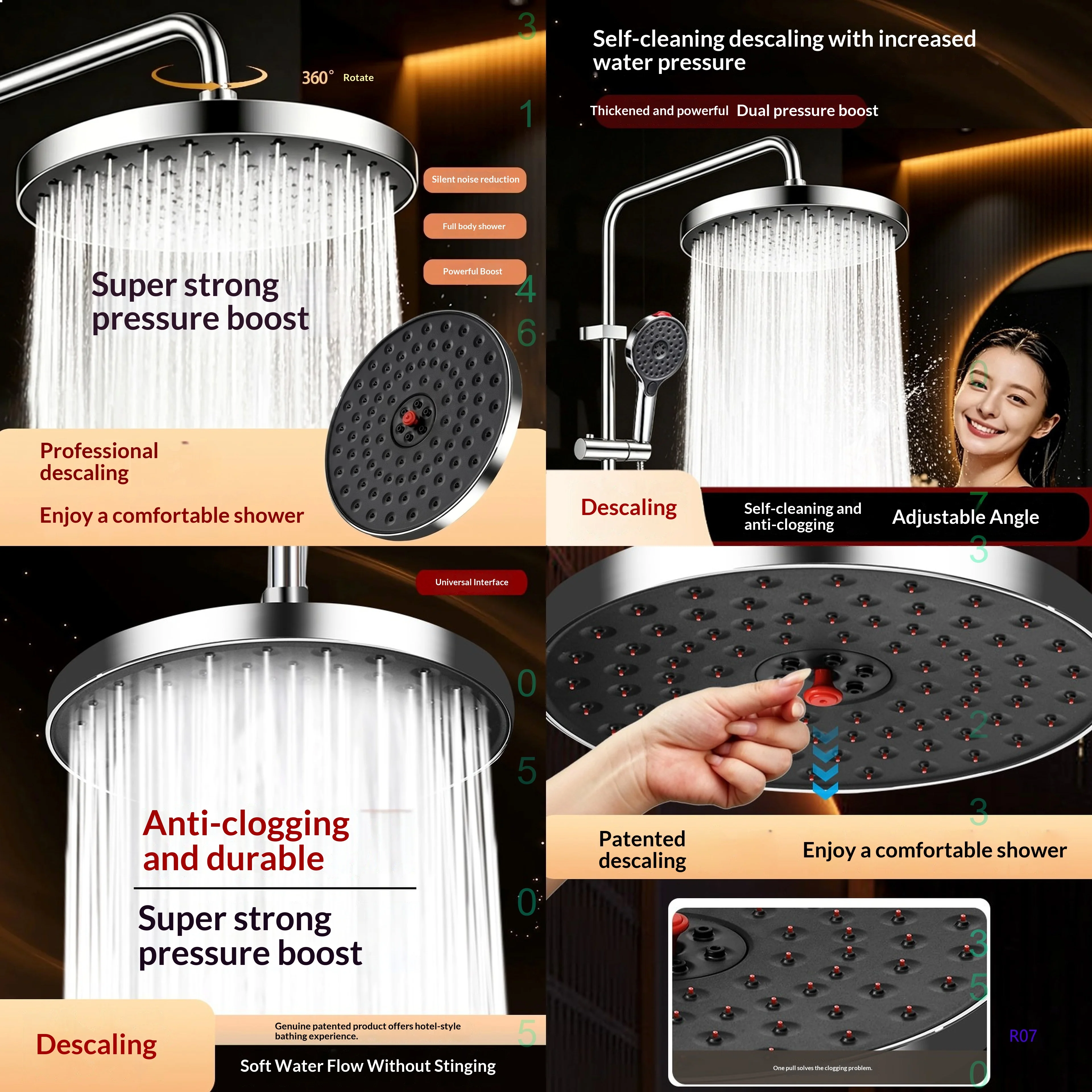 High Pressure Rainfall Shower Head Anti-Clog Nozzle Bathroom