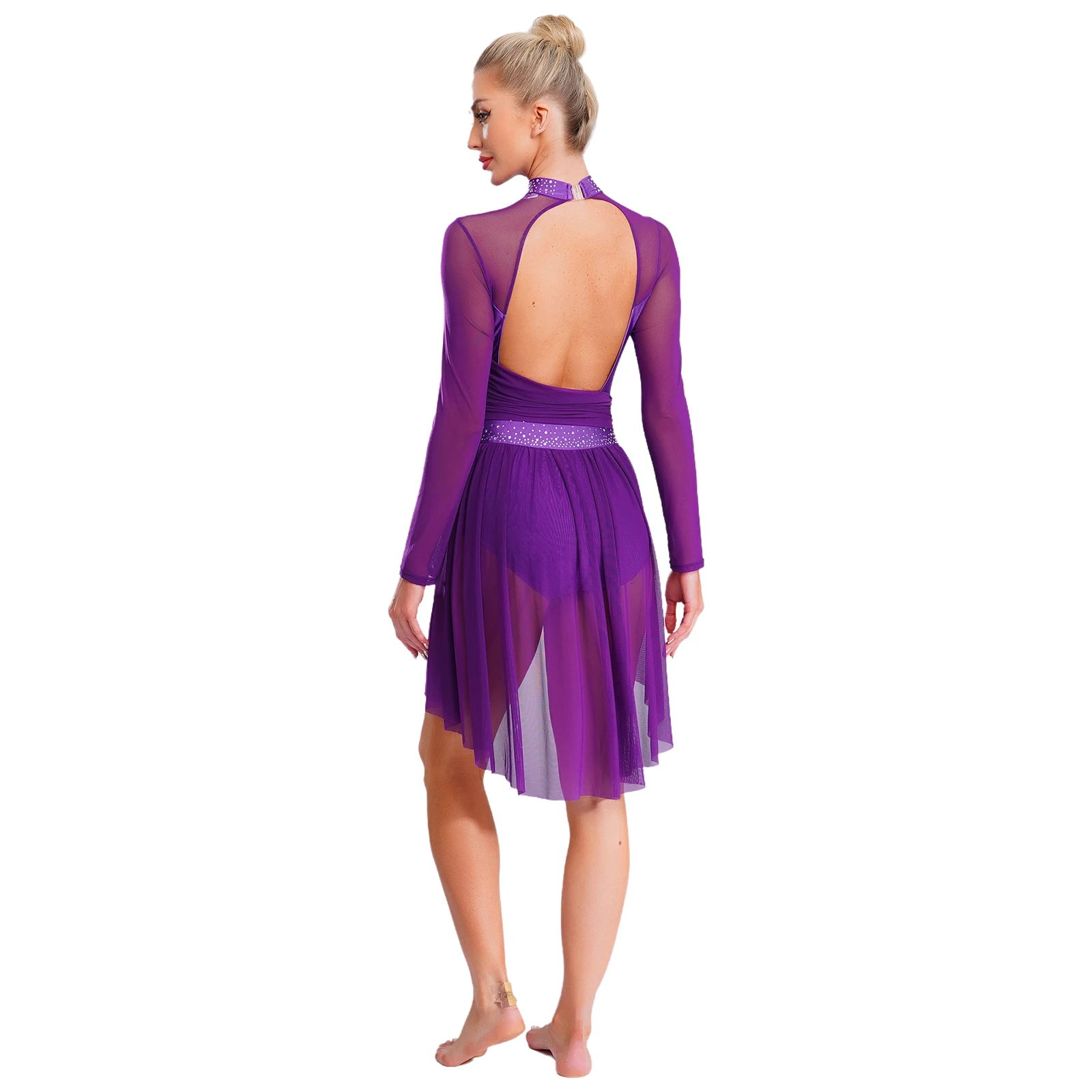 여성 피겨 스케이팅 리듬 체조 레오타드 드레스 비대칭 긴 소매 반짝이는 라인스톤 드레스 발레리나 의상