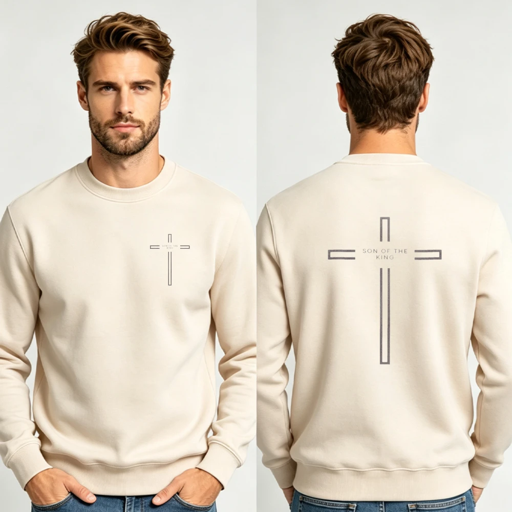 Men Minimal Cross Double Sided Crewneck Sweatshirt Simple Christian Faith Understated Print Loose Casual Pullover Sweatshirt Top
