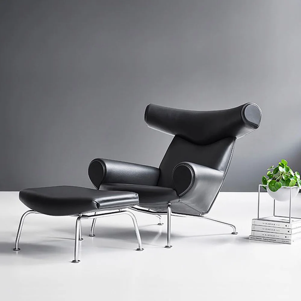 Modern leisure style hotel living room soft black leather recliner single sofa chair with footstool