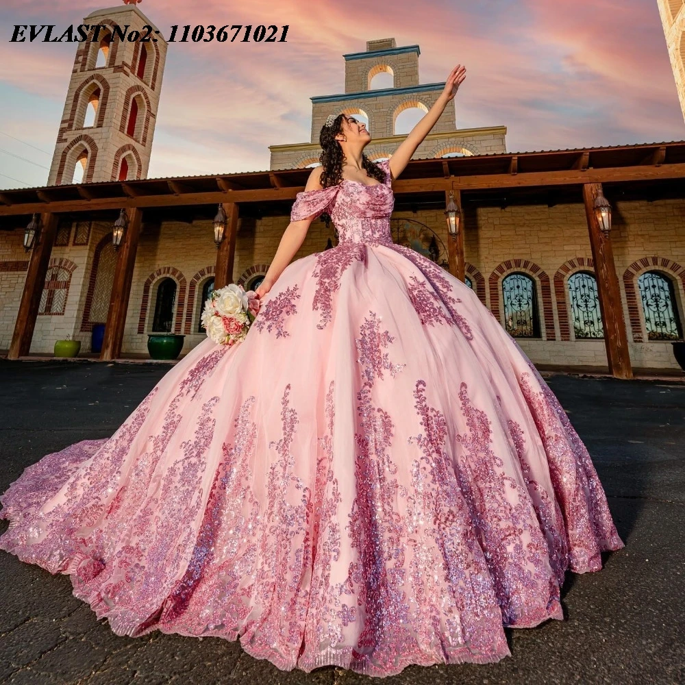 EVLAST Maßgeschneidertes rosa Quinceanera-Kleid, Ballkleid, glänzende Spitze, Perlenstickerei, Pailletten, Korsett, Sweet 16, Vestidos de 15 Anos E2Q09