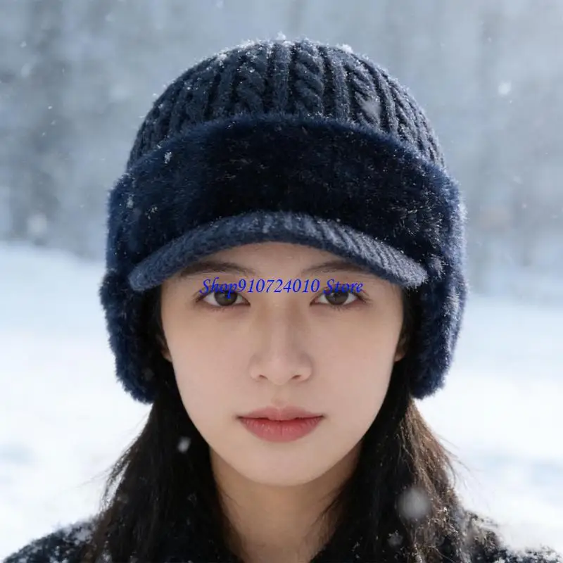 

77HD Blocking Knitted Hats with Ear Flaps and Wool Brim, Furs-Lined Warm Stylish Baseball Toque for Men