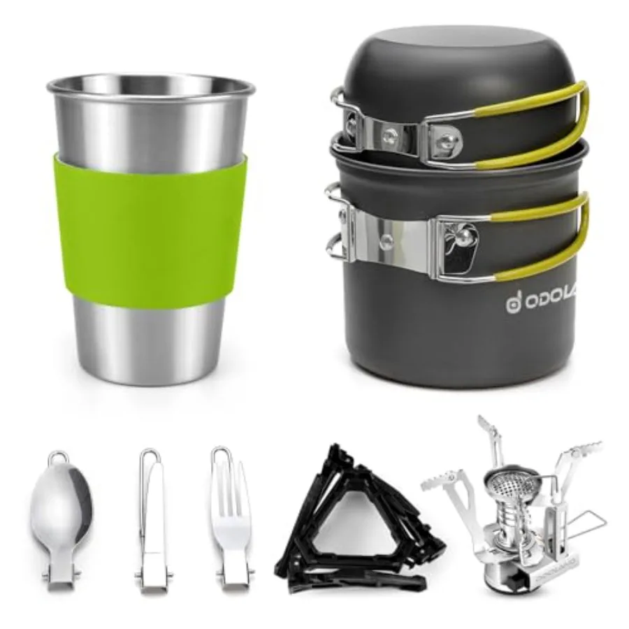 

Camping Cookware Stove Carabiner Canister Stand Tripod and Stainl Steel Cup, Tank Bracket, Fork Spoon Kit for Backpacking, Outd