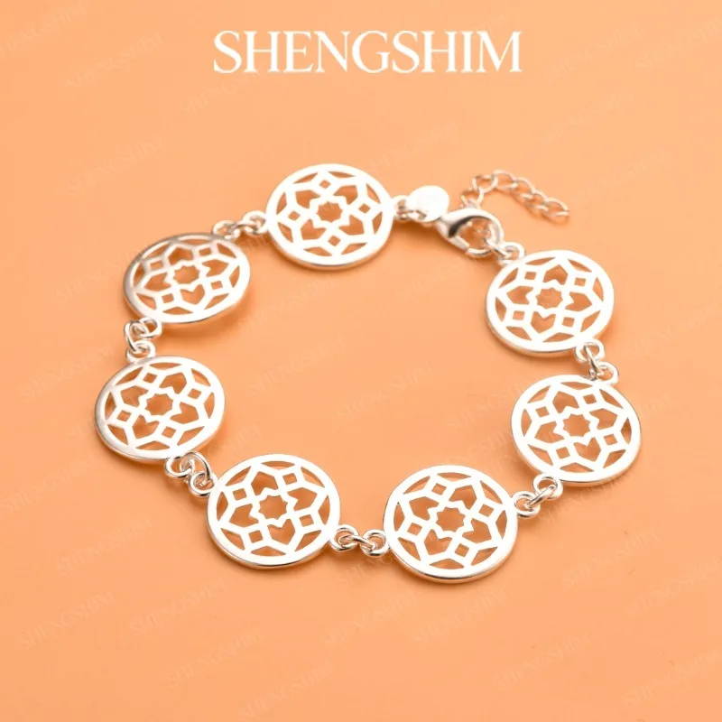 SHENGSHIM 925 Sterling Silver Vintage Round Engraved Bracelet For Women Girls Fashion Jewelry Gift Birthdays Engagements Party