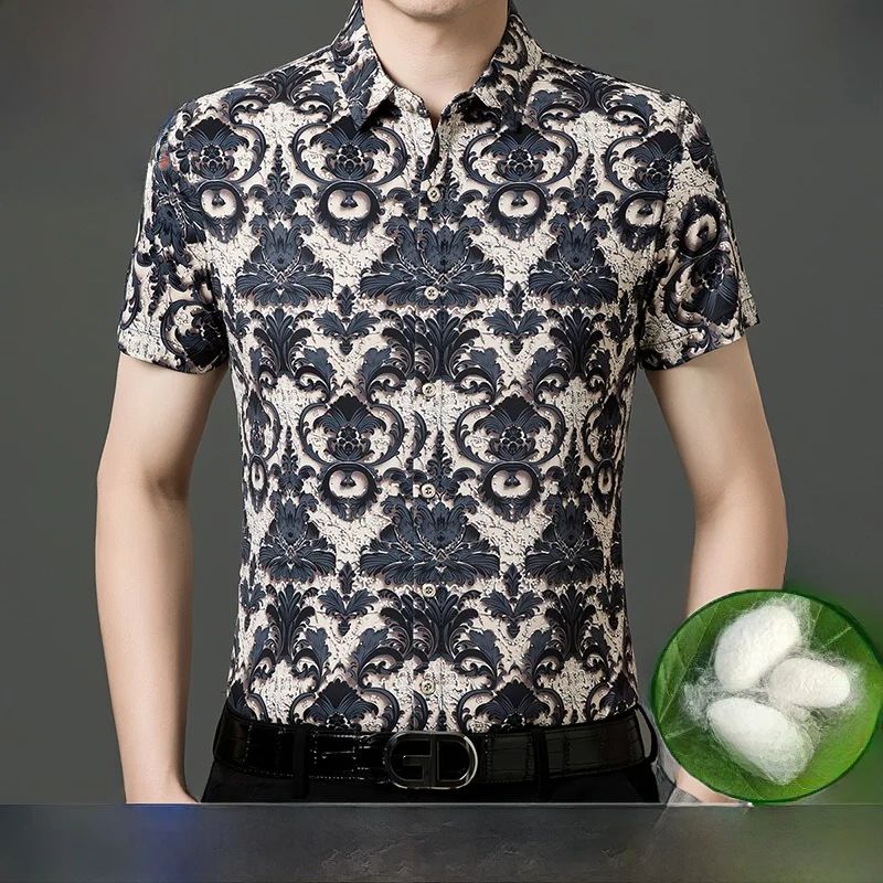 

High-End Silk ort Sve irt Men's Midlife Print Silk No-Iron Thin Hawaii irt f Sve Faion Urban Sle