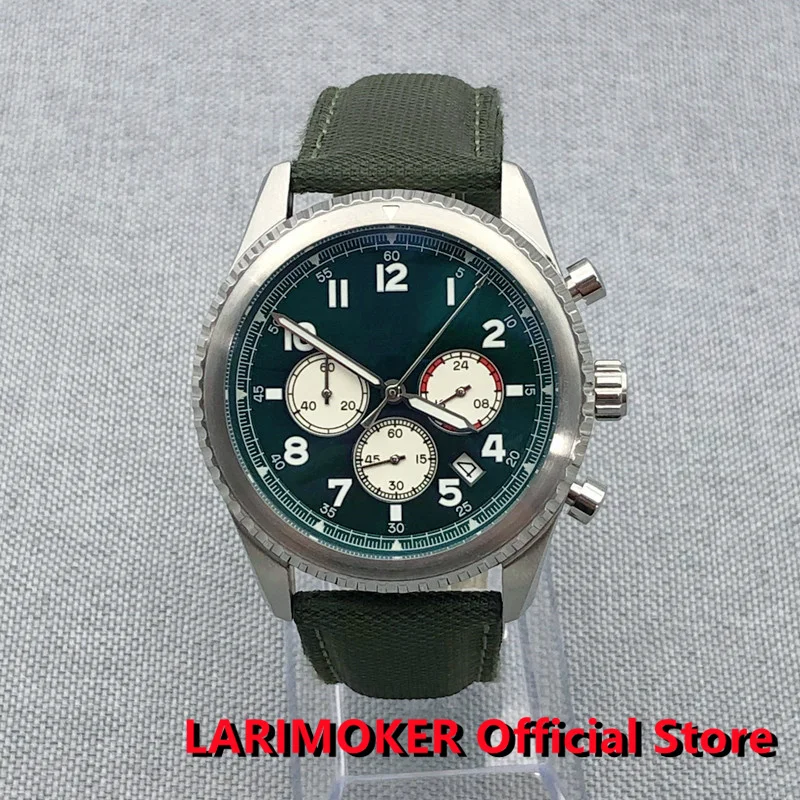 

LARIMOKER Brand Green Dial 45mm Quartz Watch Chronograph Date Function Rotating Bezel 24 Hours The Belt