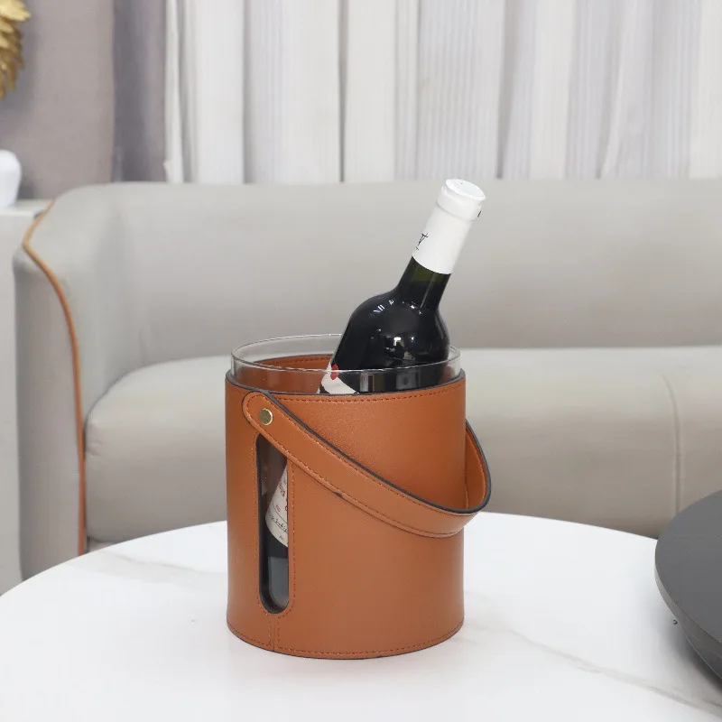 

Modern Leather Wrapped Glass Wine Ice Bucket, Aesthetic Bar Accessory for Home Dining Hotel Tabletop Wine Chiller Decor Ornament