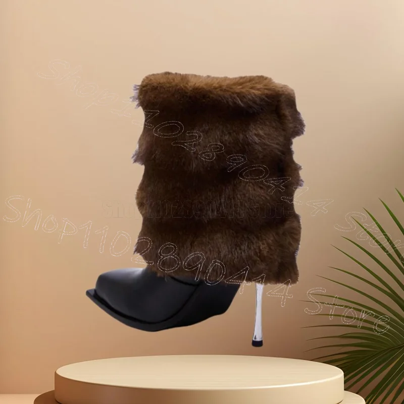 حذاء بكعب معدني بتصميم مخطط من الفرو البني سهل الارتداء حذاء نسائي بكعب عالي رفيع مثير موضة مأدبة الحفلات 2025 Zapatos Para Mujere #4
