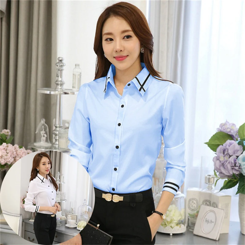 Women\'s Shirt Business Formal Wear Long-sleeved Slim Fit Professional Female Turn-down Collar Solid Color Tops For Ladies