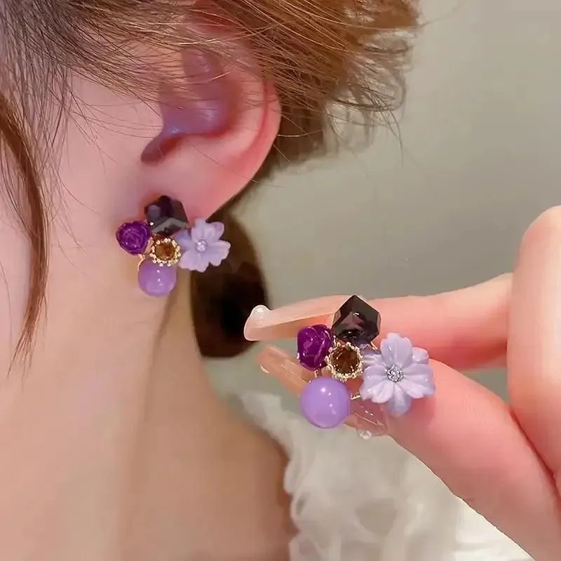 925 Silver Needle Korean Fashion Crystal Flower Earrings For Women Jewelry 2024 Trending Vintage Purple Red Pink Earrings JN9