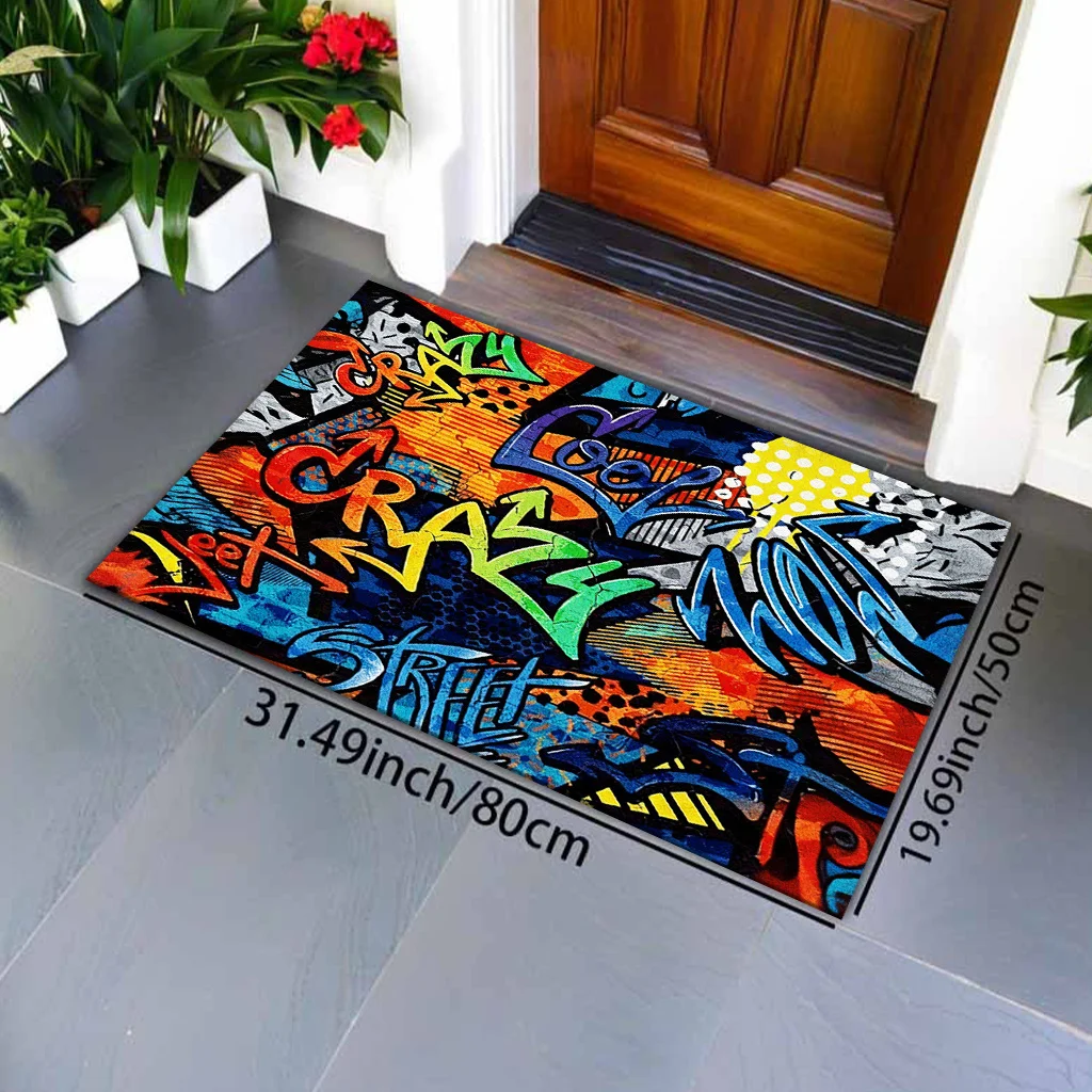 Graffiti Street Art Doormat, Colorful Urban Spray Paint Rug, Hip Hop Floor Mat, Non-Slip Entryway Carpet, Man Cave Decor