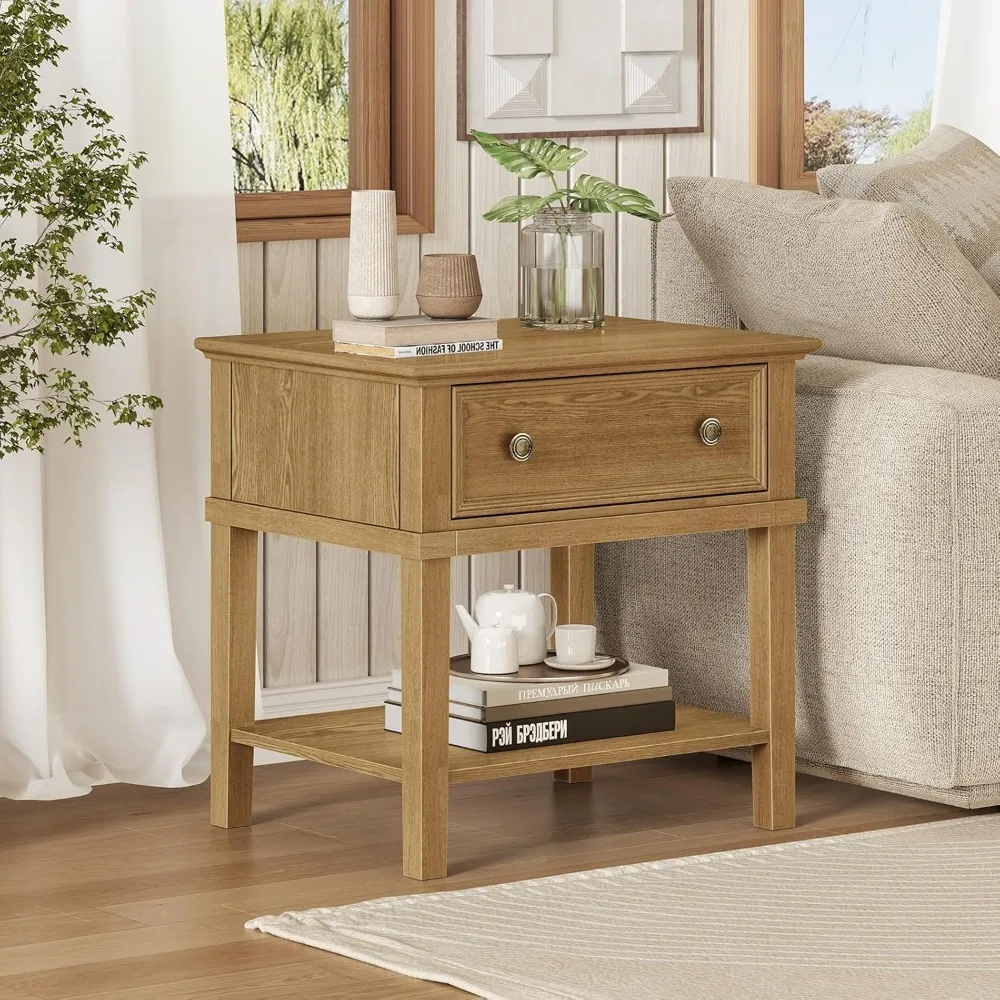 

Solid Wood Nightstand with 1 Drawer & 1 Open Shelf, Multi-Use as End/Side Table, Elegant Retro Style, for Bedroom,, Customized