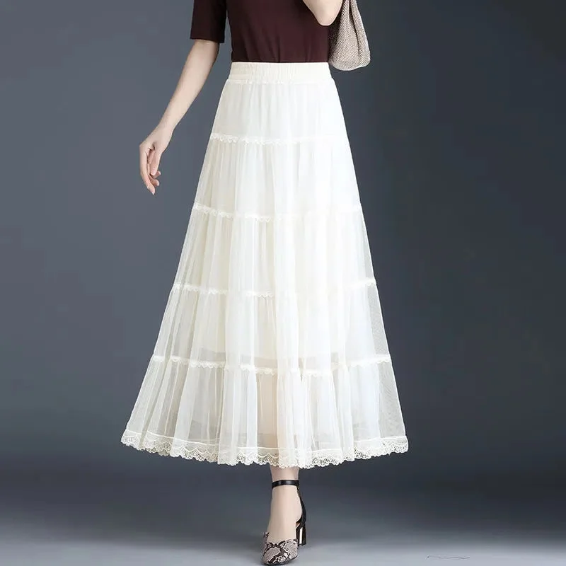 Long Tulle Skirt Women 2024 Spring Summer Elastic High Waist A-Line Mesh Pleated Puffy Skirt Female Elegant Lace Midi Skirt