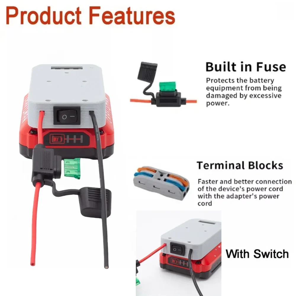 DIY Adapter for Craftsman V20 20V Battery Power Mount Connector Adapter Holder Dock 14 Awg Wires with Switch(NO Battery)