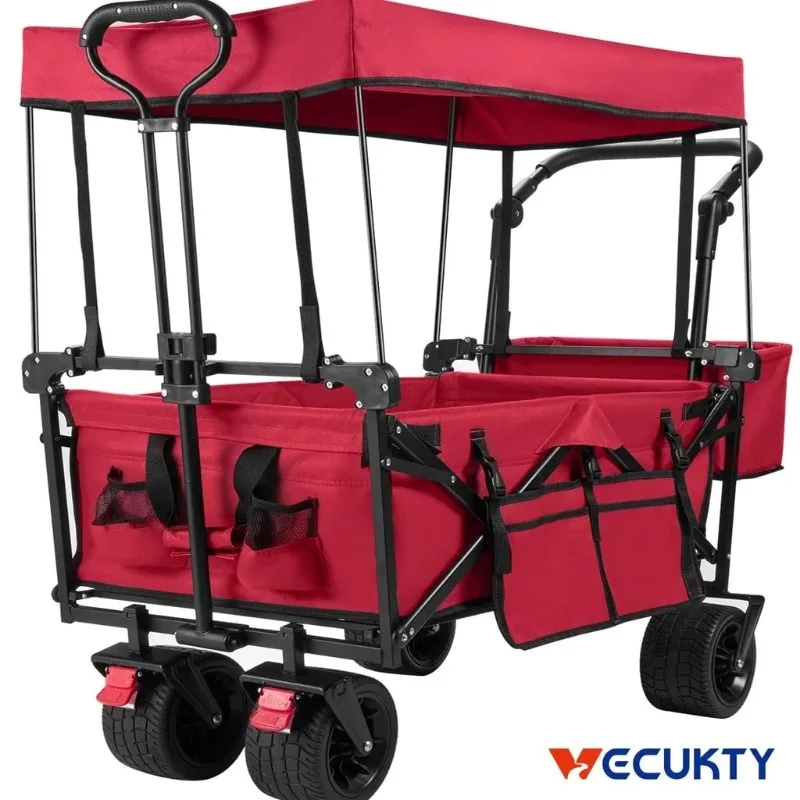 

VECUKTY Collapsible Garden Wagon Cart with Removable Canopy Red