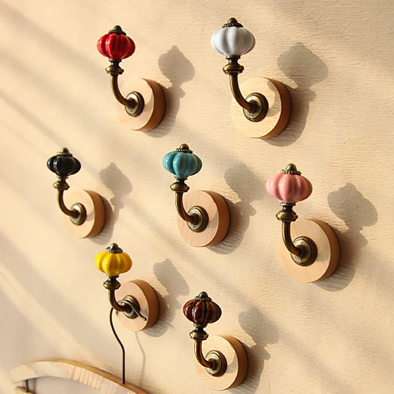 Cute Pumpkin Ceramic Wall Hanging Hook Solid Wood Base Retro Bronze Metal Hook Decoration Coat Towel Hook Home Wall Decoration