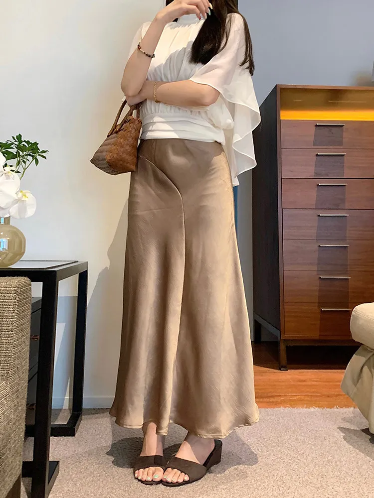 

MosesQueen High Waist Draped Fish Tail Skirt Satin Acetate Fabric Slimming Wrap around Long Skirt Korean Style Commute Wear