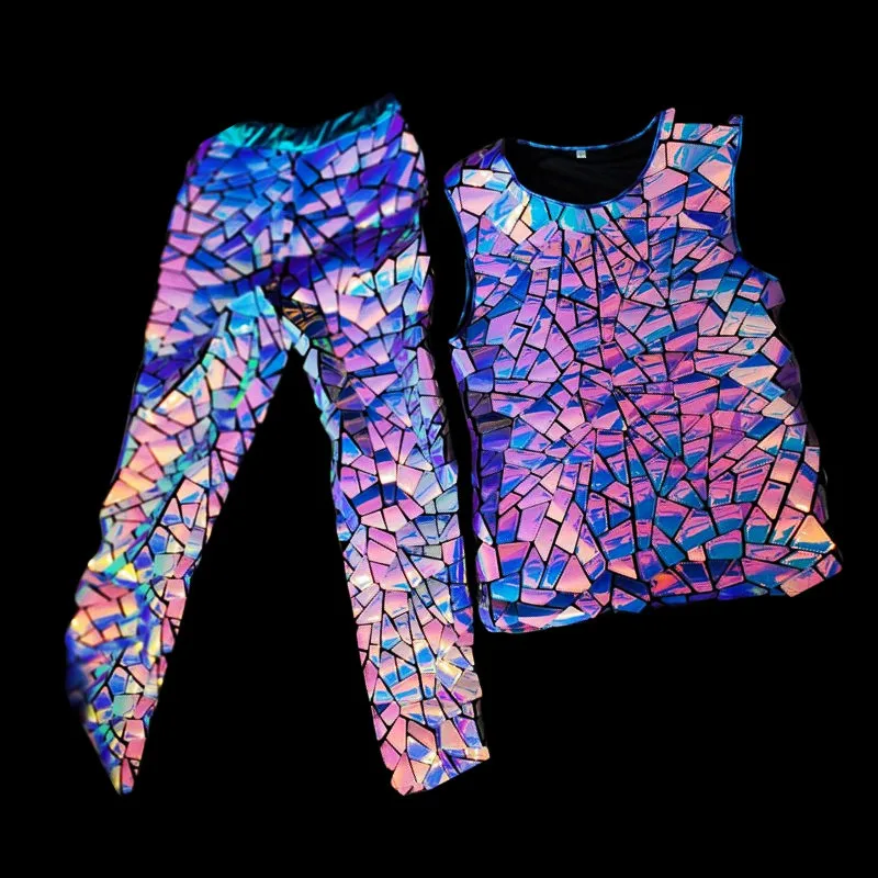 Male Purple Blue Laser Mirror Dance Costume Sequins Vest Pants 2 Piece Set Jazz Hip Hop Performance Stage Outfit Party Clothing