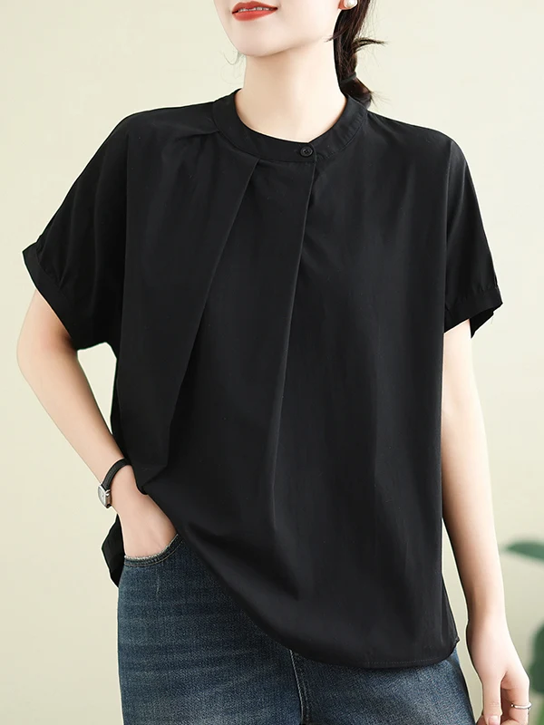 레트로 칼라 순면 루즈핏 여성용 여름 2025 신상 캐주얼 컬러 탑 라운드 넥 미디 길이 셔츠