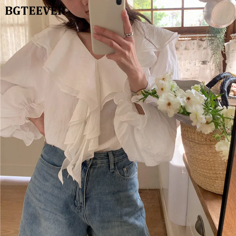 BGTEEVER Elegant V-neck Ladies Ruffles Blouses Spring Summer Vintage Flare Sleeve Loose Cotton Shirts Women Tops