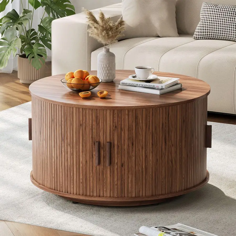 Round Coffee Table with Storage,31.5 Drum Coffee Table with Sliding Tambour Door,Mid Century Modern Coffee Table with Sliding Ca
