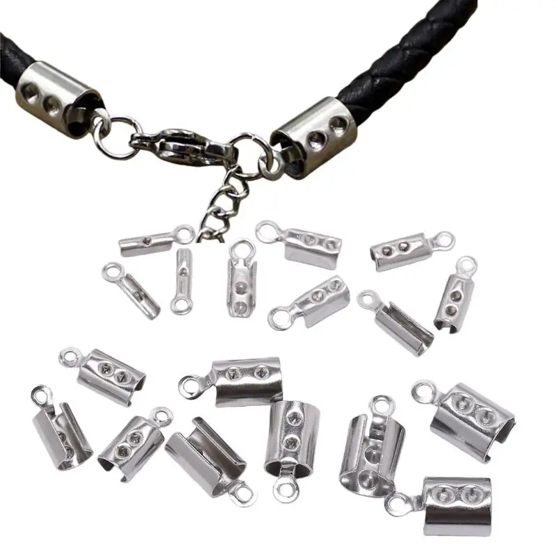 [YU]50/100Pcs Necklace Connectors Supplies Stainless Steel Crimp End Beads Caps Leather Cord Clips For DIY Jewelry Making