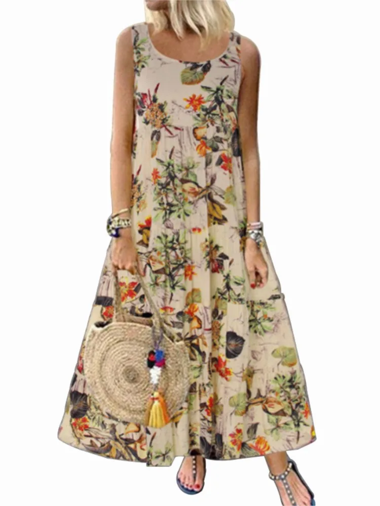 Bohemian Maxi Dress for Women Casual Vintage Sleeveless O Neck Floral Print Loose Long Dress Oversized Beach Sundress Robe S-5XL