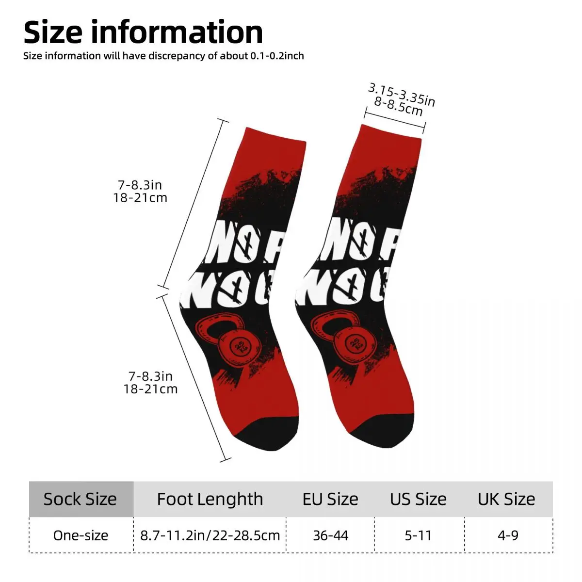 Funny Men's Socks Bodybuilding Red Vintage Harajuku No Pain No Gain Hip Hop Seamless Pattern Crew Crazy Sock Gift Printed