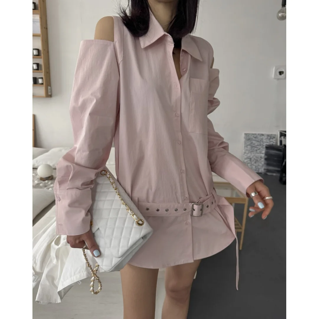 

Womens Shirt 2026 Spring Summer New Korean Version Off Shoulder Style Shirt with Waist Cinched Hem and Belt Design Sense Top