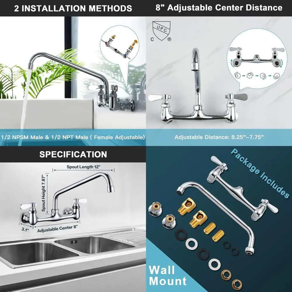 

8 Commercial Wall-Mounted Faucet with 12 Swivel Spout for Kitchen and Laundry