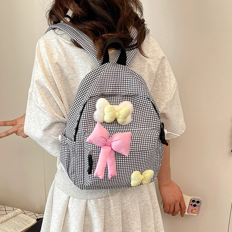 Japanese Cute Bow Simple Plaid Girls Backpack Student School Bag Large Capacity Kawaii Storage Bag Back To School Woman Bags