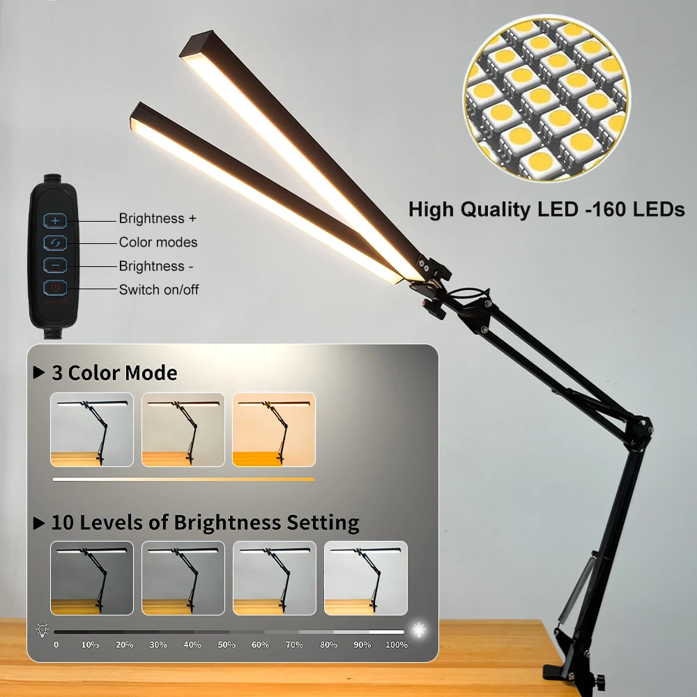 24W 160LEDs Task Lamp Reading Adjustable Eye-Caring Desk Light with Clamp Swing Arm Lamp for Home Office 360°Spin with Adapter