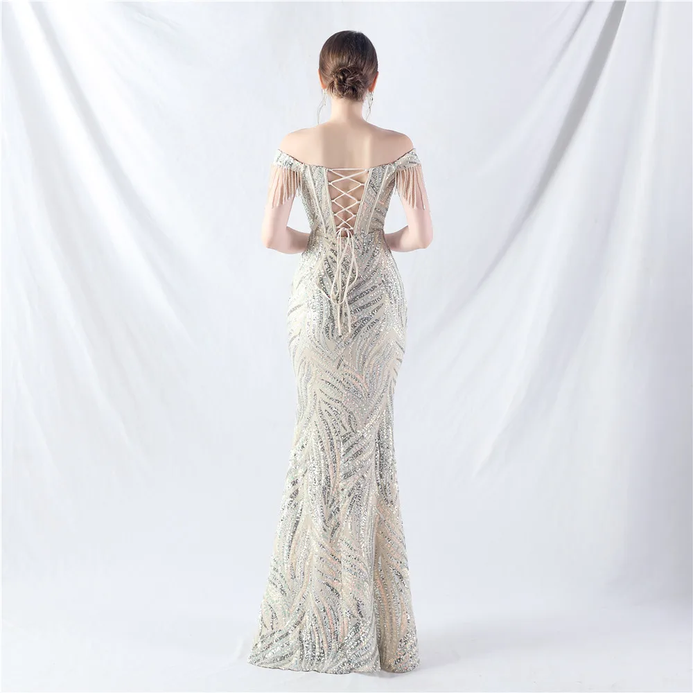 Women's Fish Bone Waist Strap Heavy Beading  Formal Evening Dress Mermaid  Gown