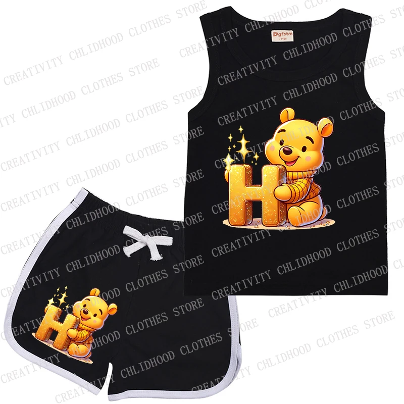 Traje deportivo de Winnie The Pooh para niños, chaleco y pantalones cortos con letras A, B, C, D de Disney, ropa informal de dibujos animados, conjuntos sin mangas para niños y niñas