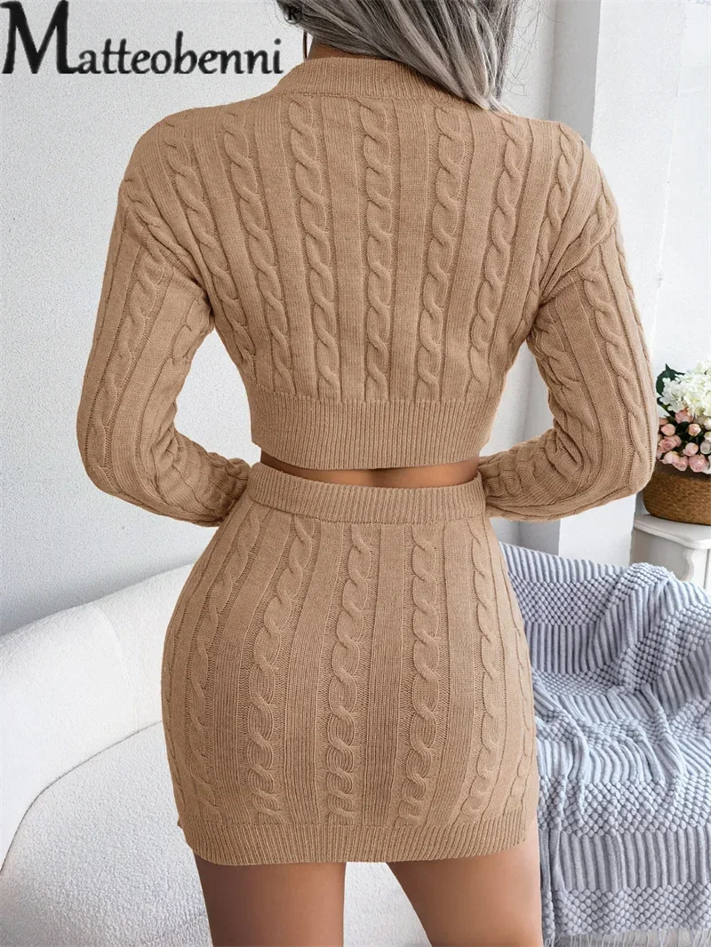 Elegant Twist Knitted Two Piece Set Women Show Belly Short Sweater Elasticated Waist Wrap Hip Skirt Knitwear Female Casual Suits