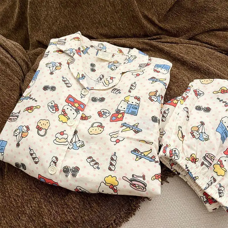 Girls Short-Sleeved Short Home Clothes Set Spring Autumn New Student Lapel T-Shirt Trousers Pajamas Women's Soft Three-Piece Set