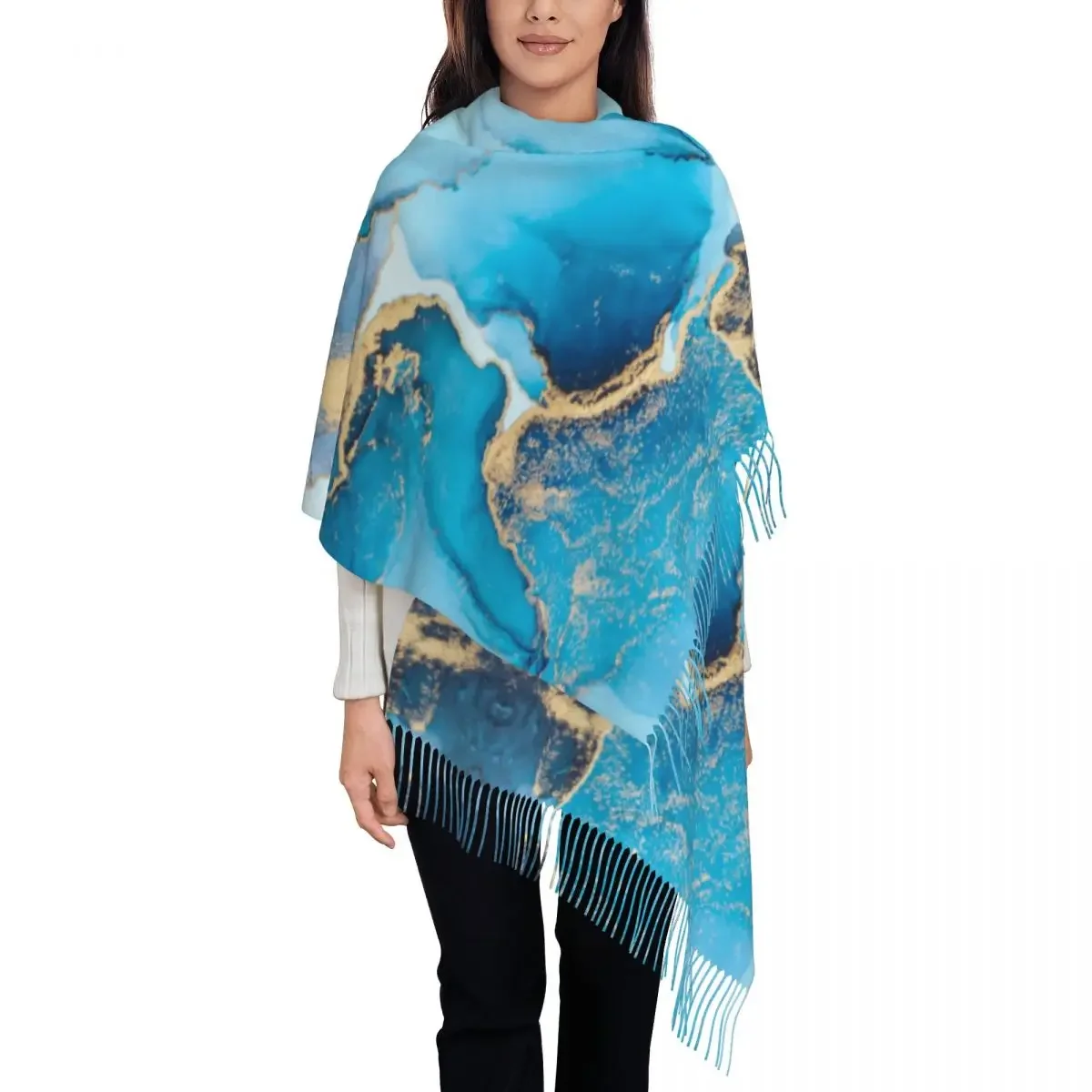 Custom Printed Luxury Blue Abstract Texture Marble Pattern Scarf Men Women Winter Fall Warm Scarves Shawls Wraps