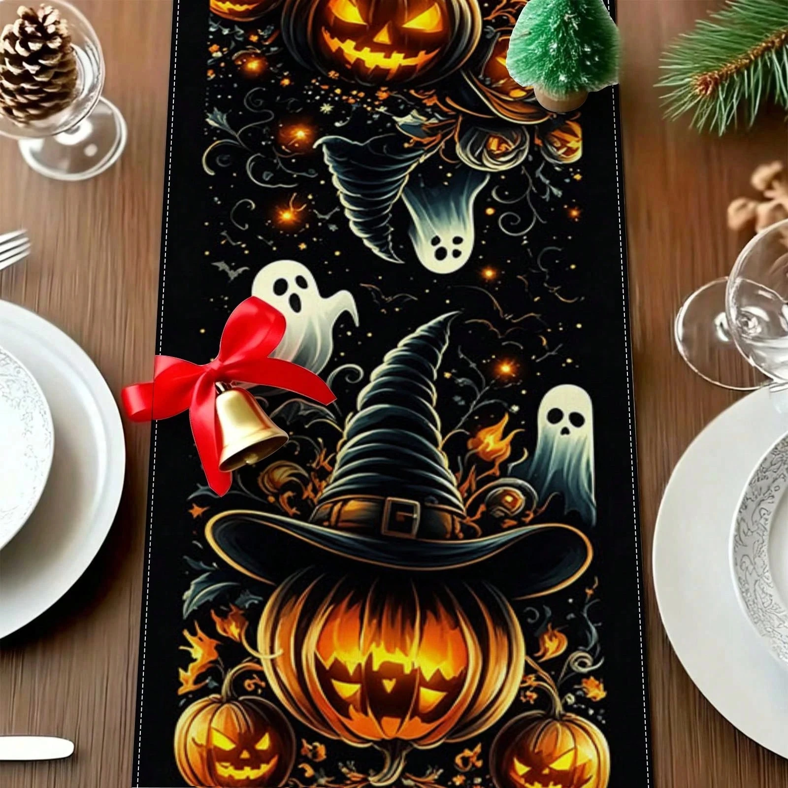 1pc Halloween Pumpkin Ghost Witch Hat Bat Print Multi‑Size Table Runner for Dining Table Kitchen Living Room Holiday Party Home