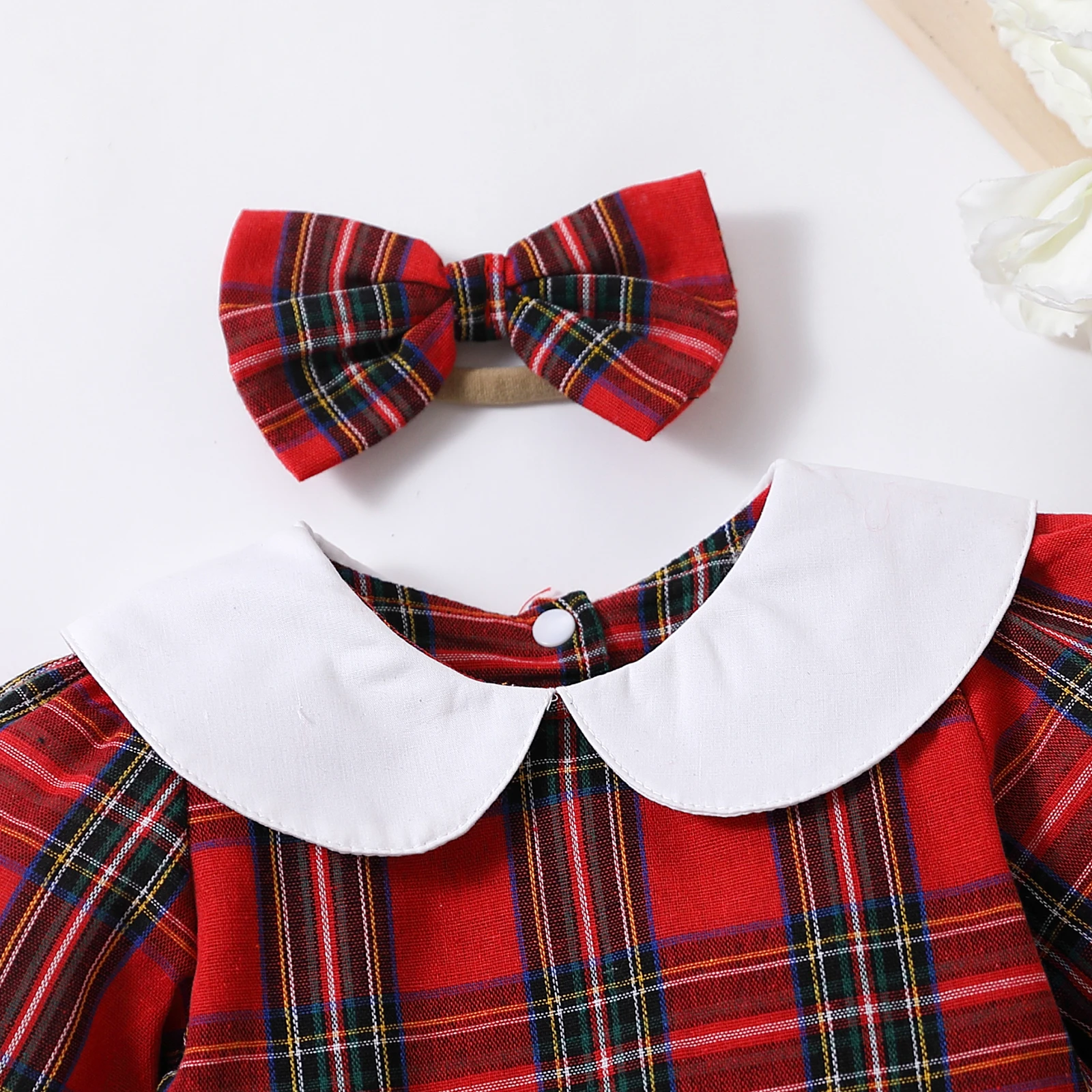 Autumn & Winter Newborn Baby Girl Children Clothes Red Plaid Lapel Long Sleeved Romper Jumpsuit