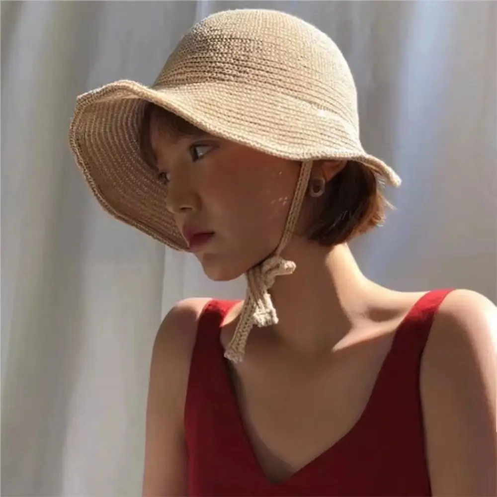 Women Fashion Wide Brim Summer Sun Hat Anti-UV Versatile Lace-up Bucket Hat Simple Visors Sunscreen Cap Outdoor Vacation Beach