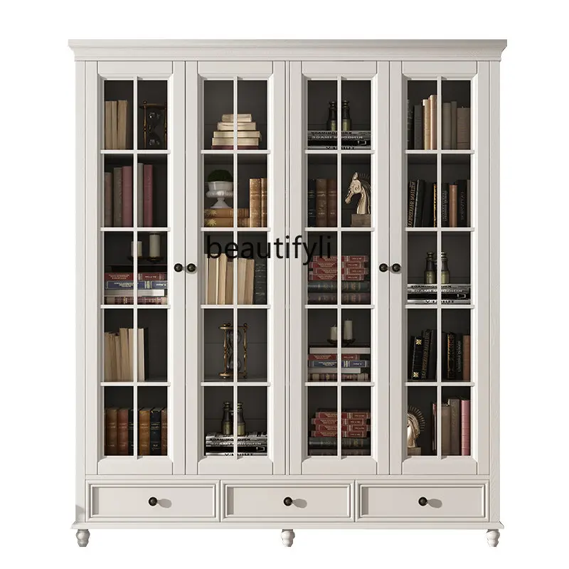 

American Country All Solid Wood Bookcase with Glass Door Three Four Doors Floor Standing Storage Cabinet Ash Wood